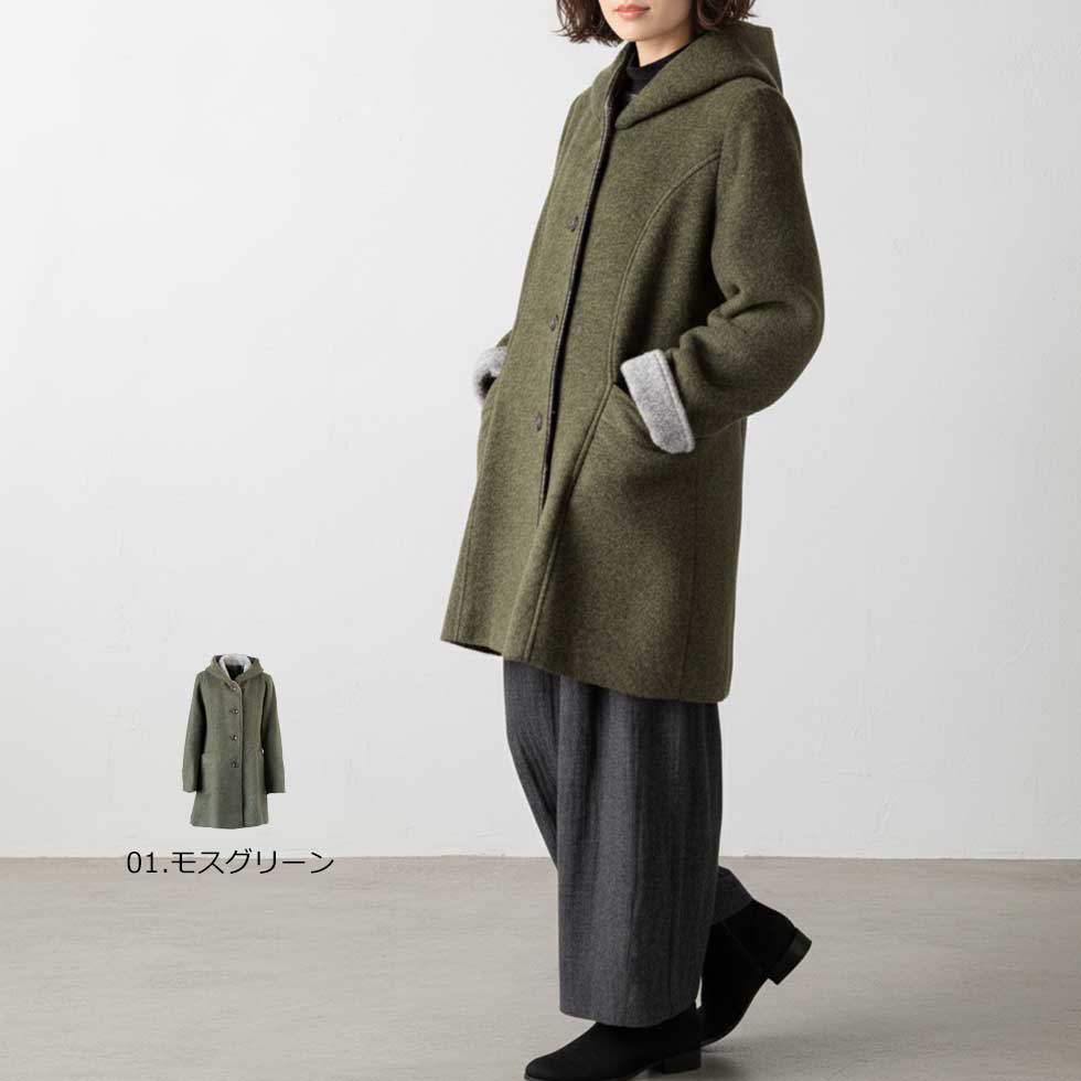 フード付カラーネップウール混コート