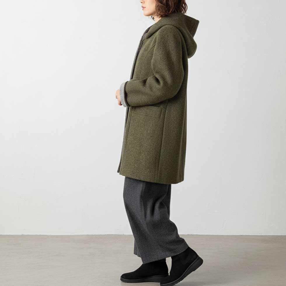 フード付カラーネップウール混コート