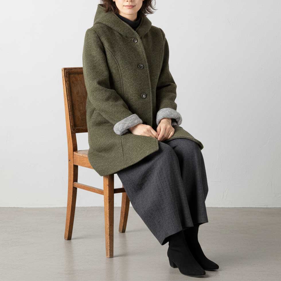 フード付カラーネップウール混コート