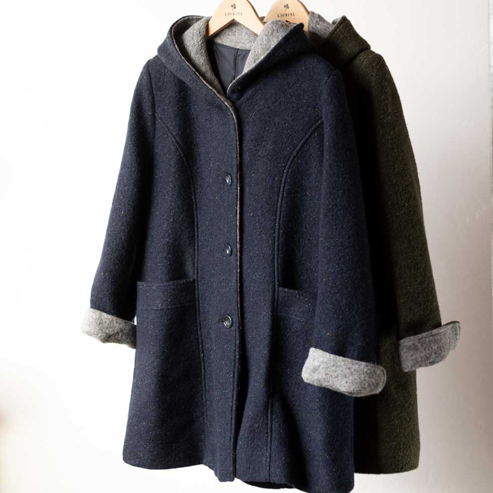 フード付カラーネップウール混コート